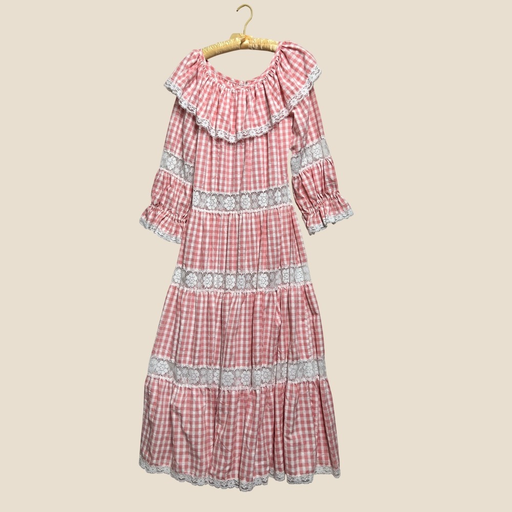 Vintage 70s Prairie Dress Pink Gingham Checkered Lace Trim Maxi Cottagecore S/M - Picture 10 of 11
